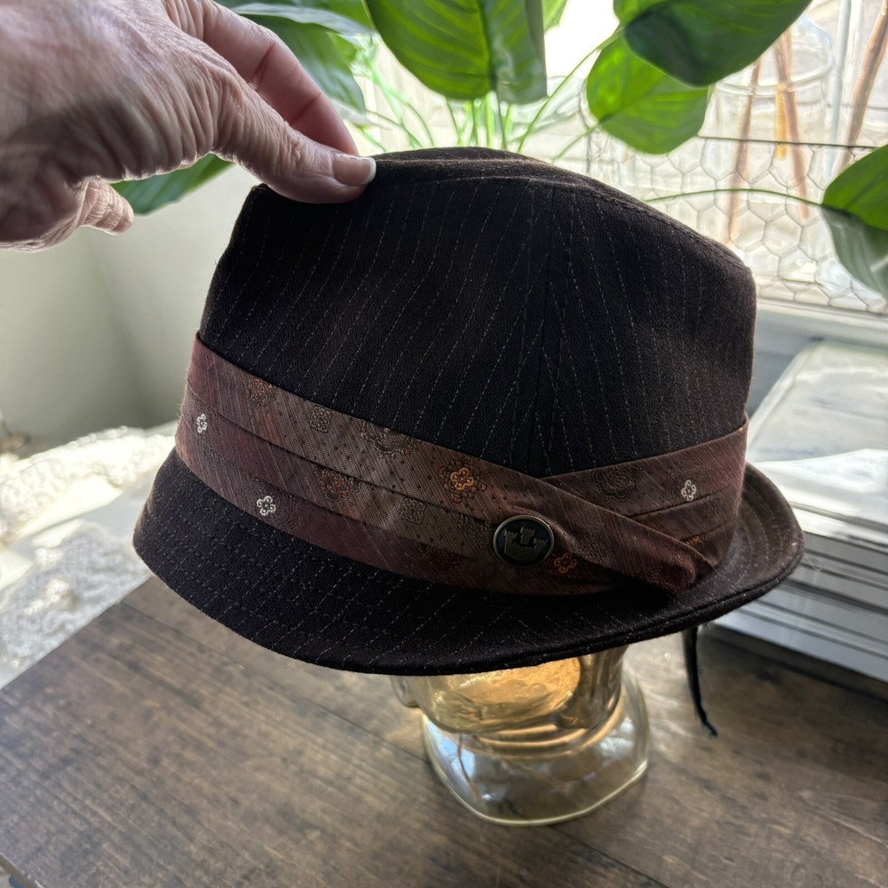 Goorin Bros Men's Brown Pinstripe Fedora Hat Metallic Floral Band Decor Rare